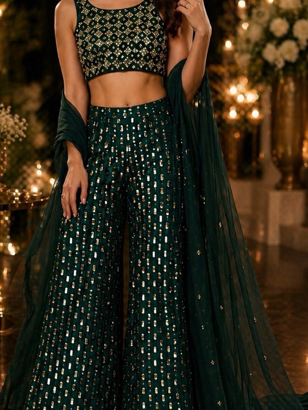 Emerald Green Sequin Pants & Crop Top Set